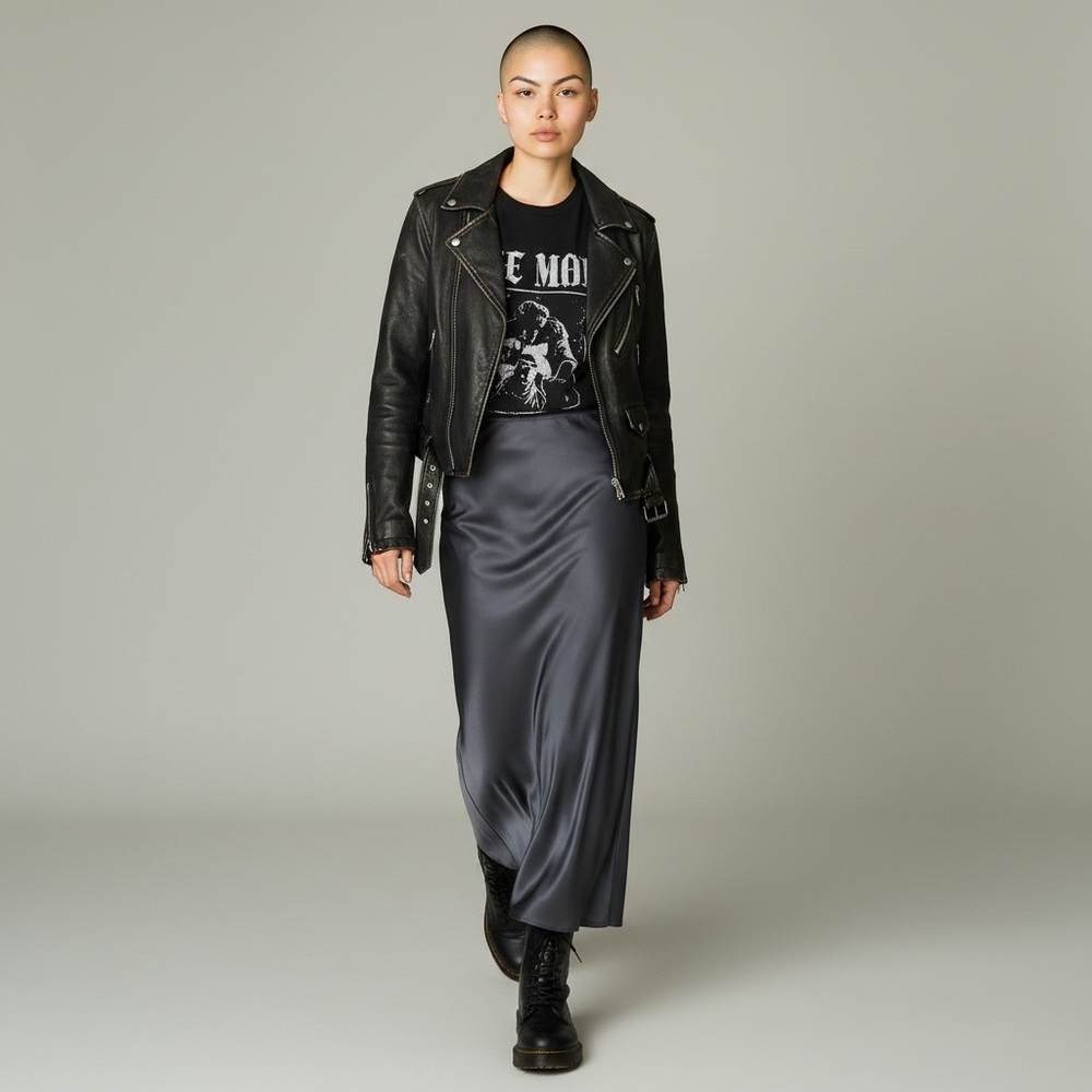 Y2K Wild Fable Charcoal Satin Feel A-Line Retro Grunge Midi Slip Skirt New S